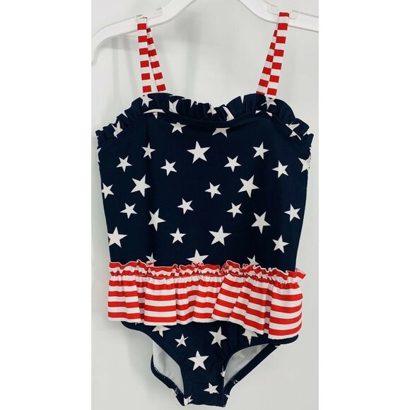 Carters Swimsuit One Piece Size 4 4T Blue White Red Star Girls Ruffle New B67 - Picture 1 of 5